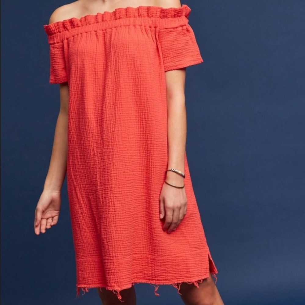 Amadi Anthropologie Maella Off Shoulder Coral Gauze Tunic Mini Dress Top S